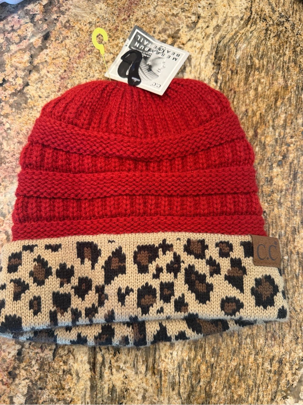 NWT C.C Boutique MESSY BUN beanie with Leopard Cuff